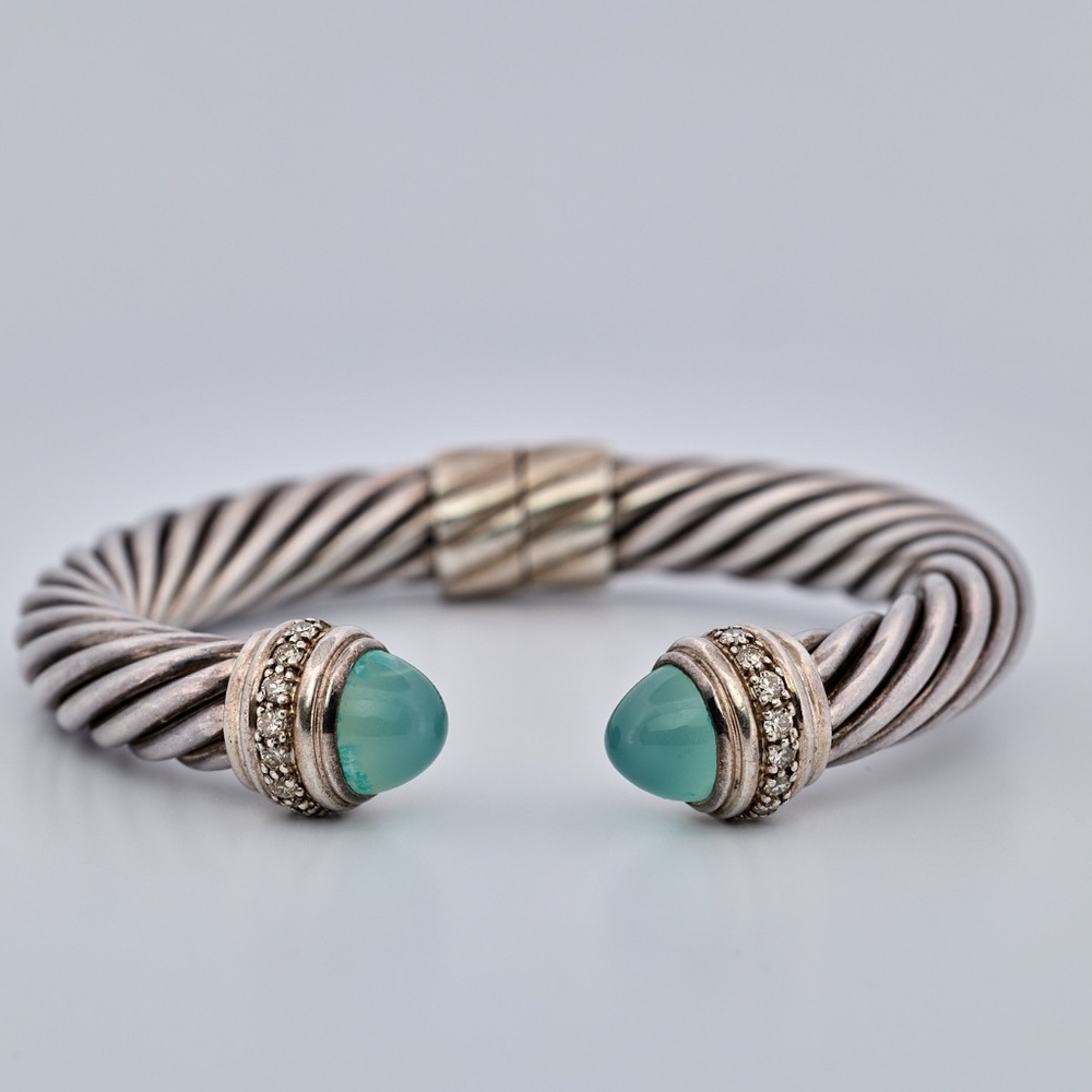 David Yurman Dyed Chalcedony & Diamond Cable Hinged Cuff Bracelet, Sterling Silv